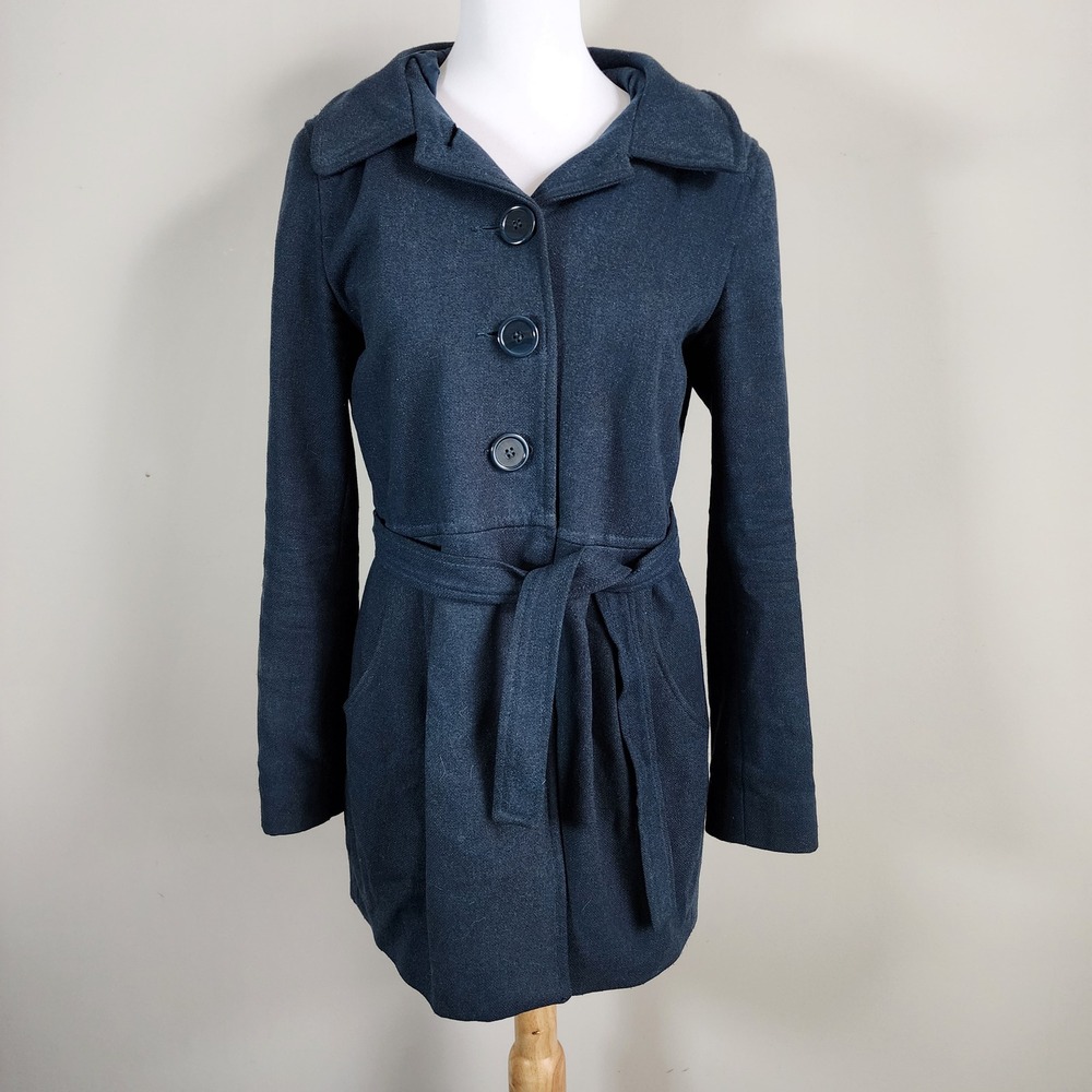 H&M Wool Blend Pea Coat Womens 6 Navy Blue Hood Belted Trench Penny Lane Duffle